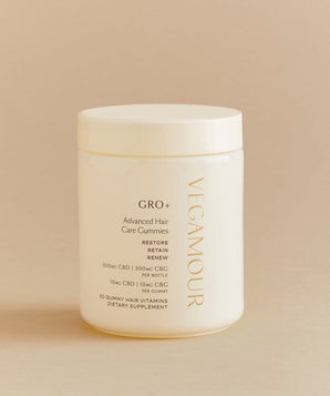 A jar of VEGAMOUR GRO+ Advanced Gummies with a white lid on a beige background, containing hair vitamins or hemp oil for hair growth.